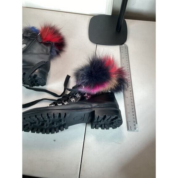 Tomato girl Rebecca Minkoff Jaylin Fur Trim Black Leather Combat Boots Size 10M
